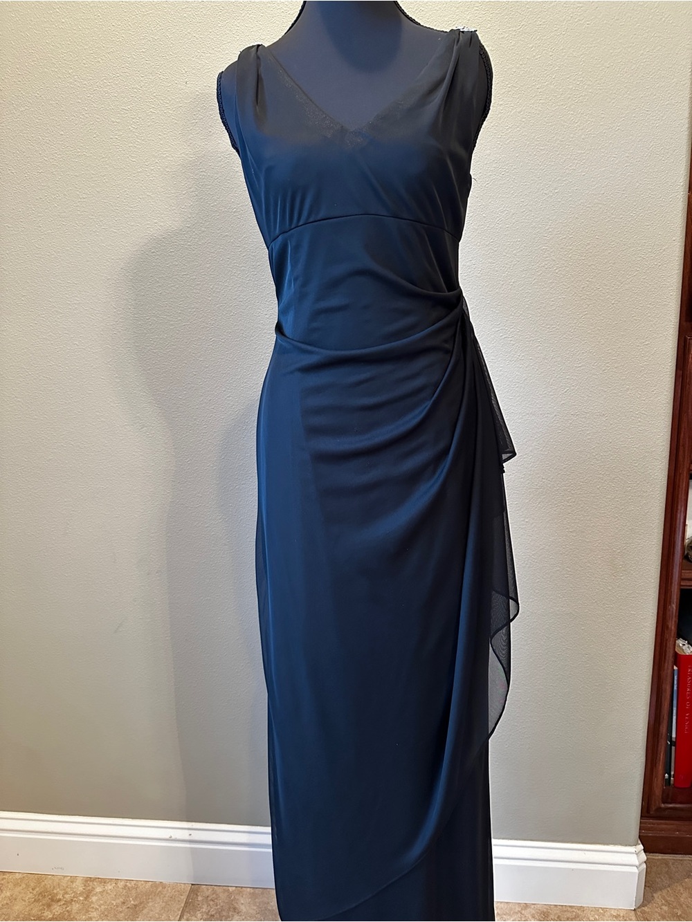 Alex Evenings Black Sleeveless Sheer Maxi Gown w Rhinestone pins